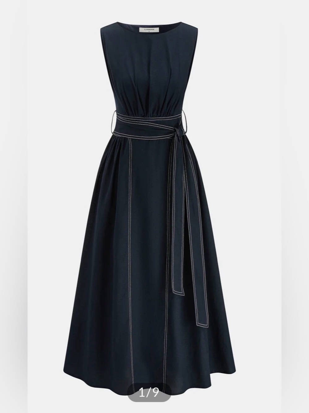 Commense cotton linen sleeveless belted midi dress